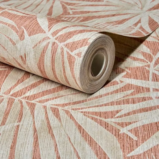 Grandeco Boutique Tropical Palm Leaf Non-Woven Wallpaper in Beige and Orange