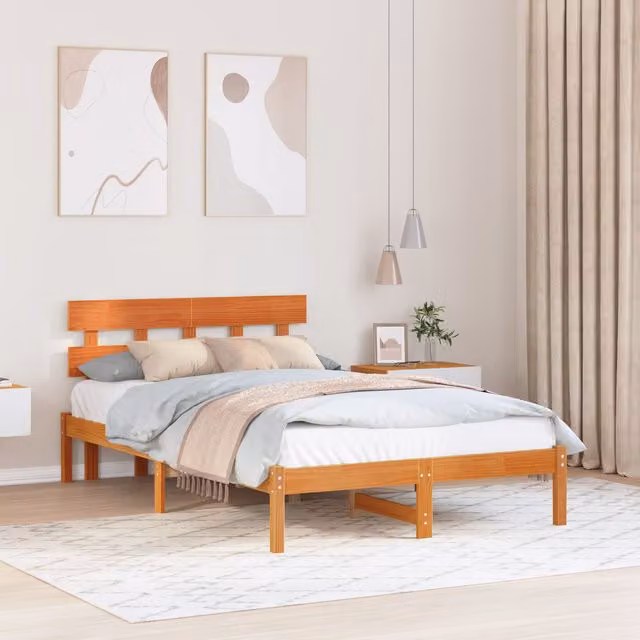 Berkfield Home Solid Wood Pine Bed Frame with Headboard in Wax Brown, W/D/H: 120 x 190 x 80.5 cm – 1