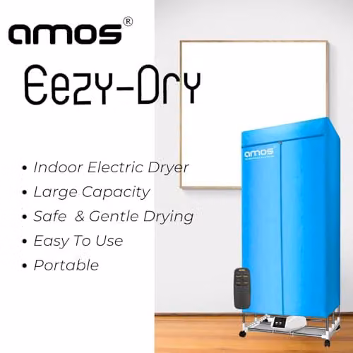AMOS Eezy-Dry Indoor Electric Clothes Airer 1300W Heated Drying Rack with Cover, Blue Stainless Steel – 2