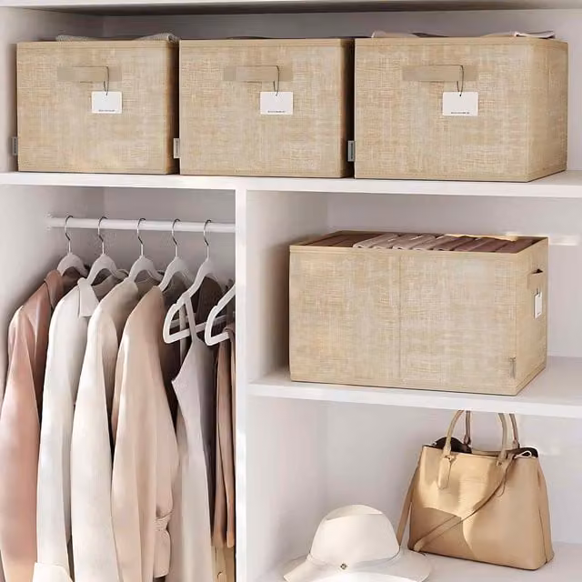 The Bazaarist Set of 3 Foldable Fabric Storage Boxes with Handles and Label Holders, Beige/Brown, W: 30.0 cm, D: 24.0 cm, H: 29.0 cm