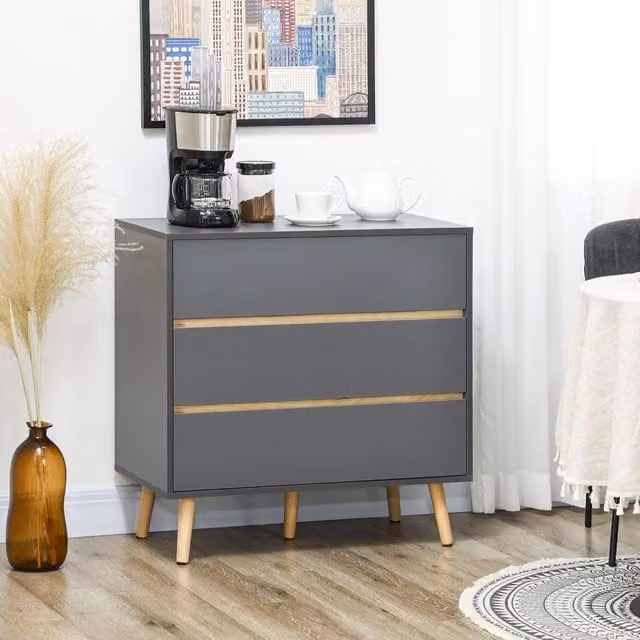 HOMCOM 3 Drawer Chest of Drawers Storage Cabinet Organiser with Wood Legs in Dark Grey