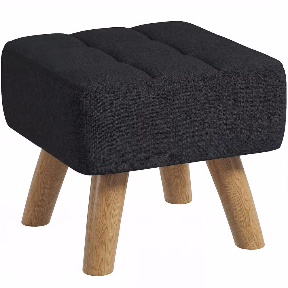 HOMCOM Modern Fabric Footstool with Rubberwood Legs in Black – 2