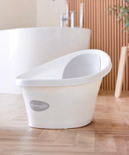 Shnuggle Classic Newborn Baby Bath with Drain Plug and Non-Slip Base in White and Grey