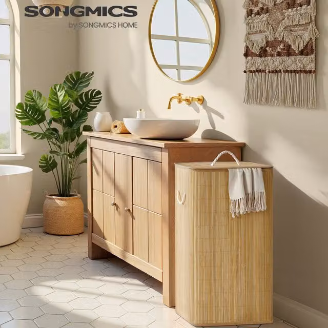 SONGMICS Rectangular Laundry Basket with Lid and Handles, Yellow