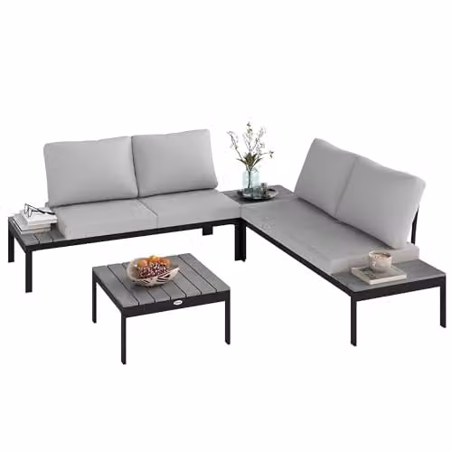 Outsunny 4 Piece L Shaped Garden Furniture Set with Upholstered Cushions and Coffee Table, Grey – 1