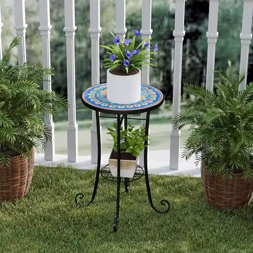 Outsunny Blue Mosaic Garden Bistro Table with Shelf, Round Ceramic Top – 8