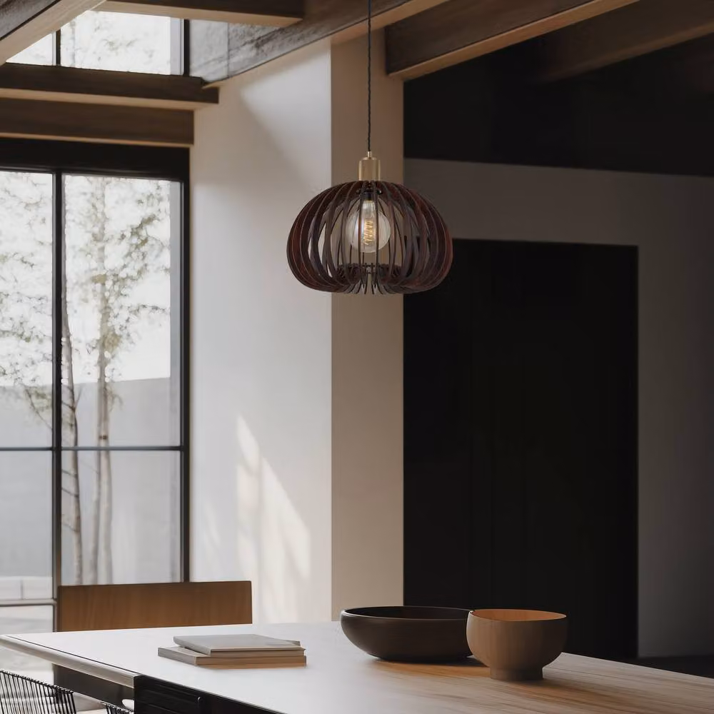 Industville Rift Slatted Wooden Mushroom Pendant Light in Gold/Brass – 2