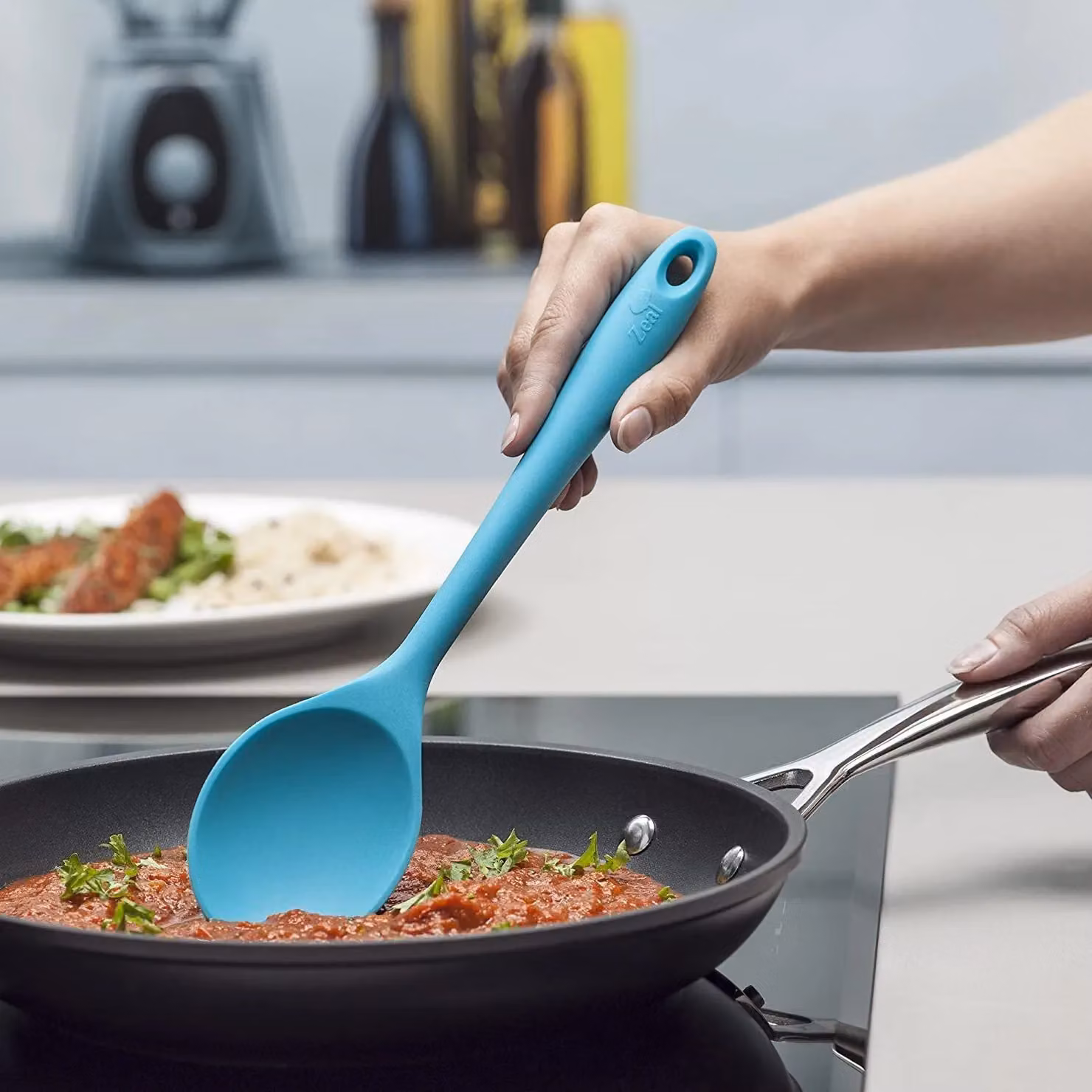 Zeal Non-Scratch Silicone and Nylon Oval Cooking Spoon, Turquoise, 28 cm – 3