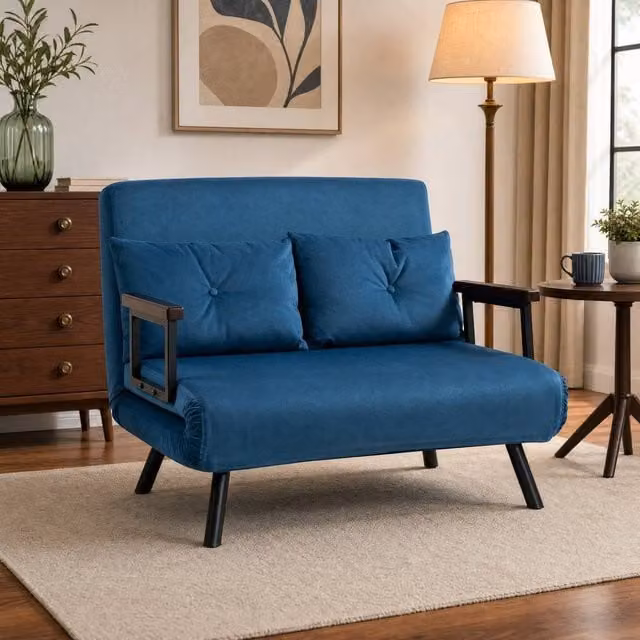 STILVORA 4-in-1 Blue Velvet Double Sofa Bed with Scatter Cushions, W/D/H: 140 x 200 cm