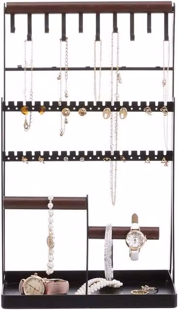 Komore Freestanding 3-Tier Metal and Wood Jewellery Display Stand, Black