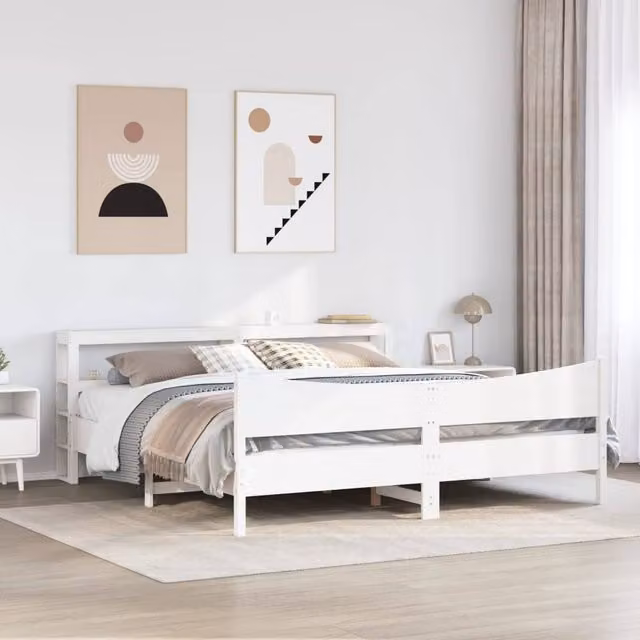 Berkfield Home Sleek Bed Frame with Headboard in White, Solid Pine Wood, W/D/H: 200 x 160 x 82 cm