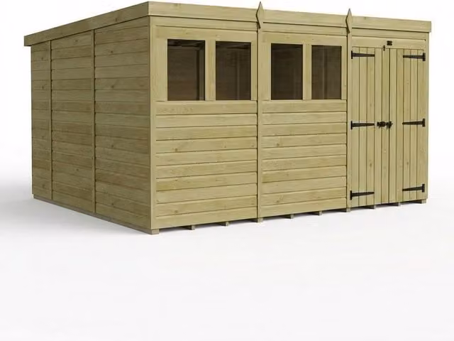 Buttercup Farm Brown Timber Pent Garden Shed with Double Doors and Windows, W: 365.76 cm, D: 305.0 cm, H: 210.0 cm
