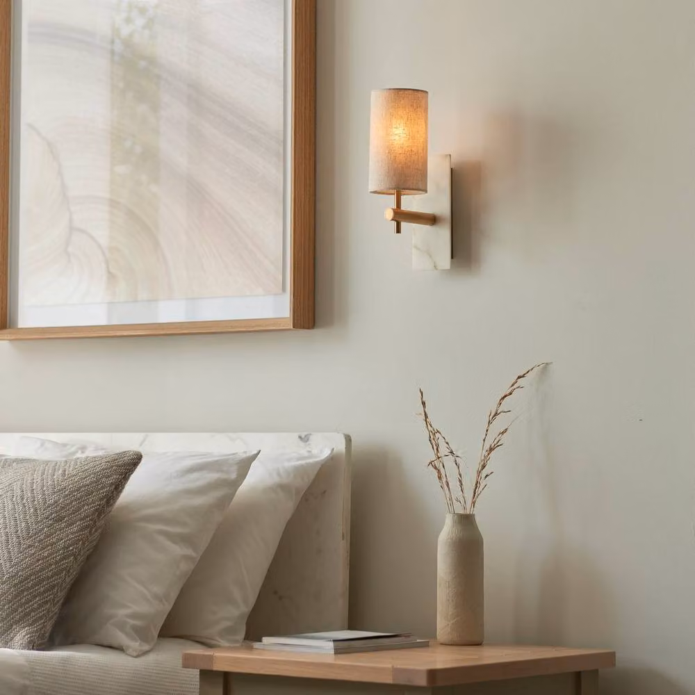 Netlighting Calista Wall Lamp in Vintage Brass Finish with White Marble and Beige Linen Shade, 7W LED E14 – 2
