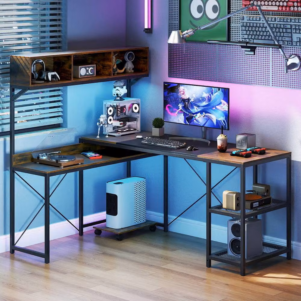 Costway L-Shaped Reversible Corner Computer Desk with Storage Hutch in Dark Brown – 6