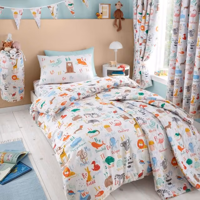 Happy Linen Company Animal Alphabet Kids Reversible Duvet Cover and Pillowcase Set, White and Multicolour, Duvet Cover W: 140 cm, D: 200 cm, Pillowcase W: 50 cm, D: 75 cm
