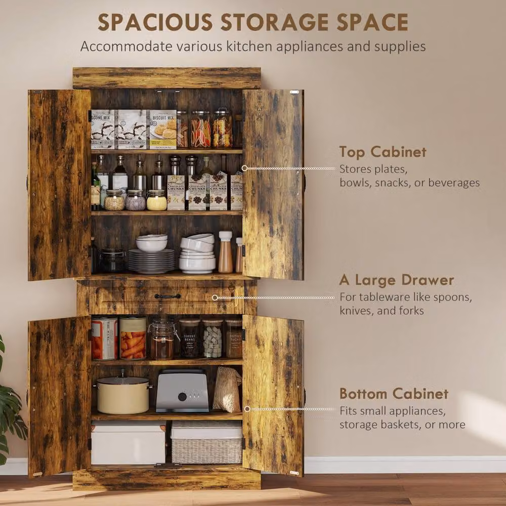 Wyld Haus Brown Tall Kitchen Pantry Cabinet with Drawers and Shelves, H: 180 cm, W: 80 cm, D: 35 cm – 4