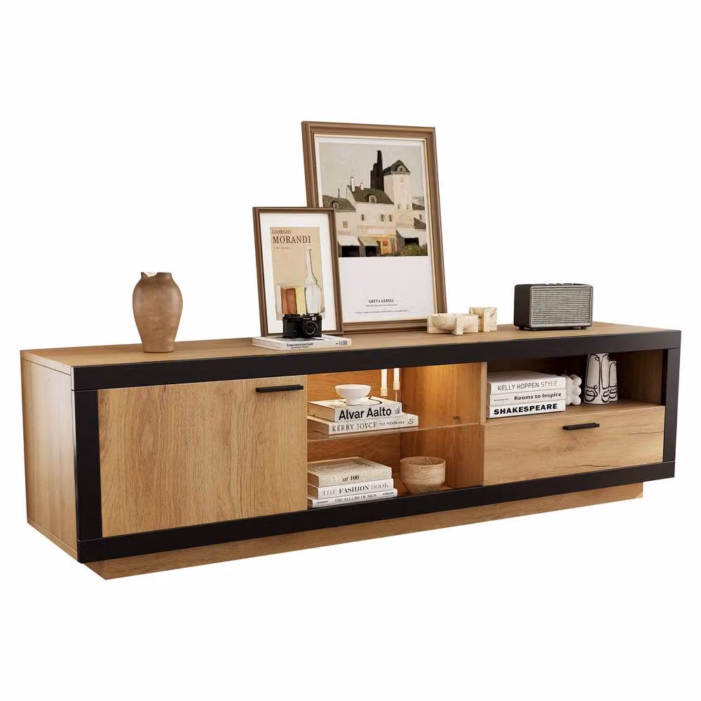Rolipo Modern Wood and Black LED TV Stand Cabinet in Brown for 70 Inch TVs, Width: 160 cm – 7