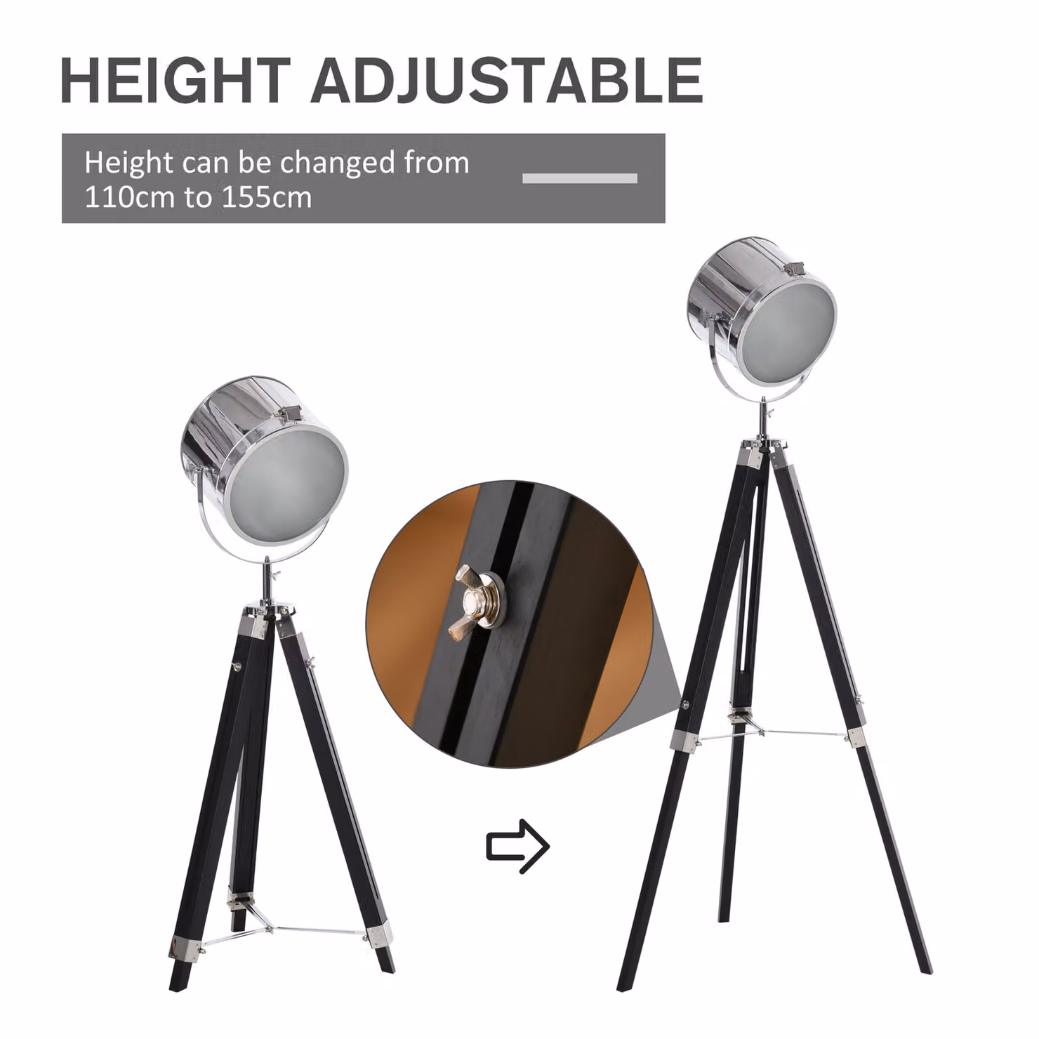 HOMCOM Industrial Style Adjustable Tripod Floor Lamp with Wooden Legs and Black Steel Lampshade – 3