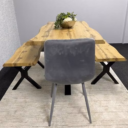 KOSY KOALA Modern Brown Wooden Dining Table Set with 2 Grey Velvet Chairs and 2 Benches – 2