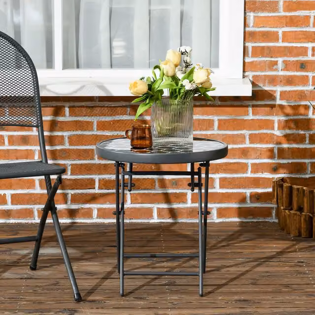 Outsunny Modern Geometric Round Folding Outdoor Side Table in Black and White