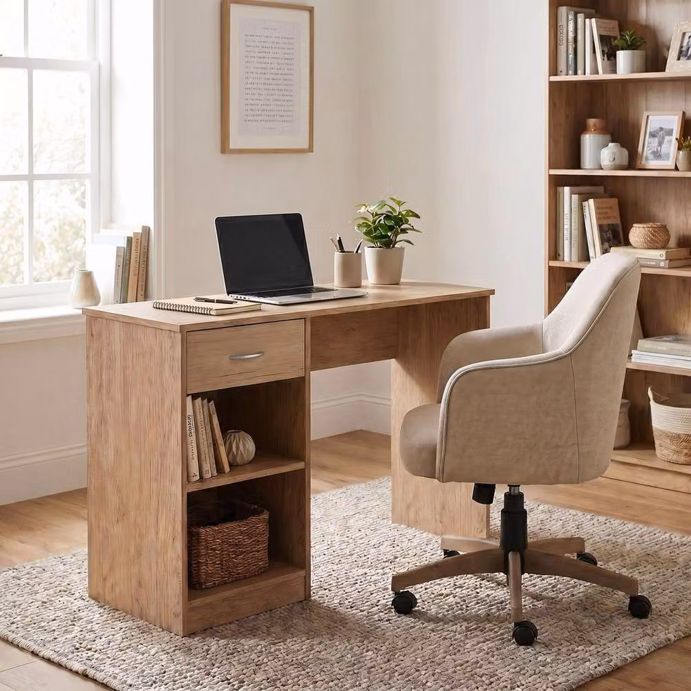 FWStyle Oak Writing Desk and Dressing Table in Brown with 1 Drawer and 2 Shelves – 2