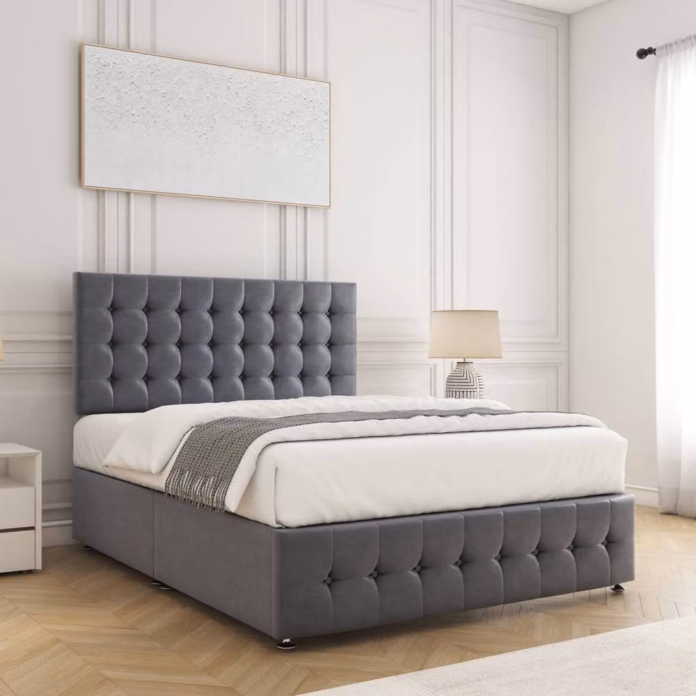 BSSPOKE Eva King Size Divan Bed Set with 24 inch Chesterfield Headboard and Mattress in Grey Plush Velvet, W/D/H: 180 x 200 cm