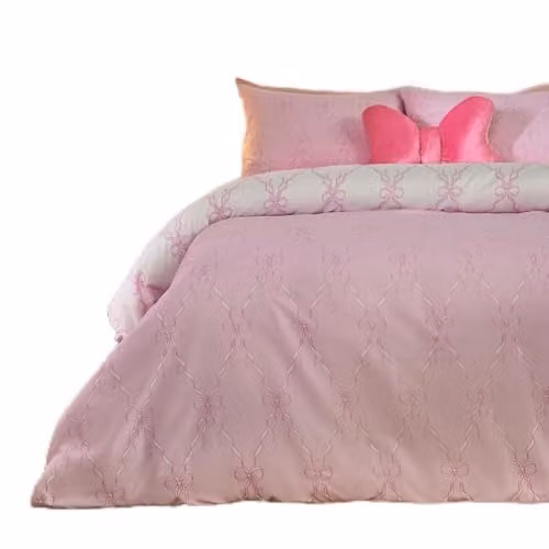 OHS Lattice Bow Microfibre Reversible Single Duvet Cover Set with Pillowcase, Pink and White, Duvet Cover: 135 x 200 cm, Pillowcase: 48 x 74 cm
