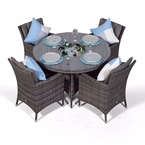 Thats Furniture Giardino Savannah 4 Seater Rattan Garden Dining Set with Ice Bucket Cooler in Grey and Brown, Round Table W: 120 cm – 4