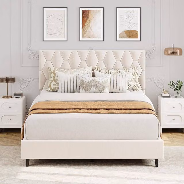 London Boutique Modern Upholstered Platform Bed Frame in Beige, W/D/H: 140 x 200 cm