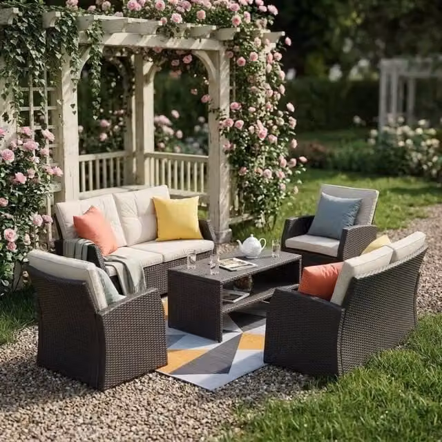 Furniture Maxi 6 Seater Rattan Outdoor Sofa Set with Coffee Table in Beige – 1
