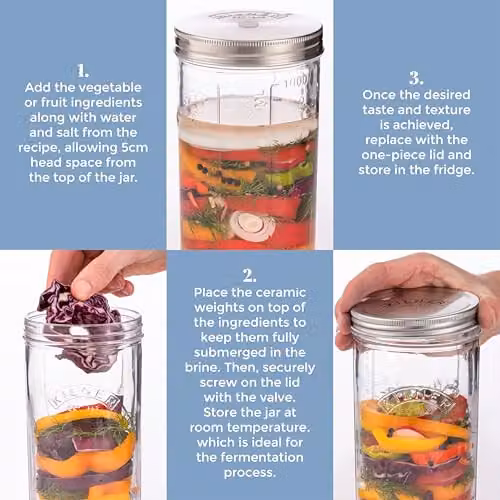 Kilner Fermentation Jar Set with Silicone Valve Lid and Ceramic Weights, 1 l, Transparent – 4