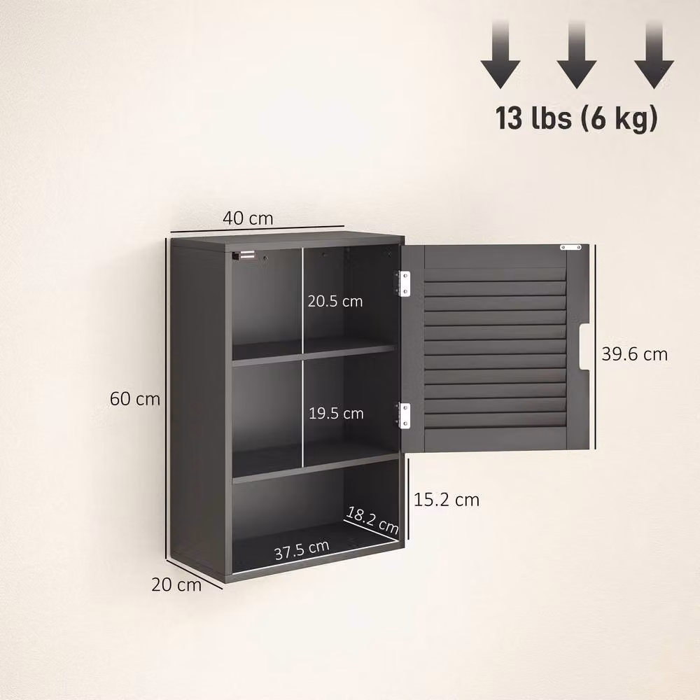 HOMCOM Black Wall Mounted Bathroom Cabinet with Roll Shutter Doors and Internal Shelves W: 60 cm, D: 20 cm, H: 60 cm – 3