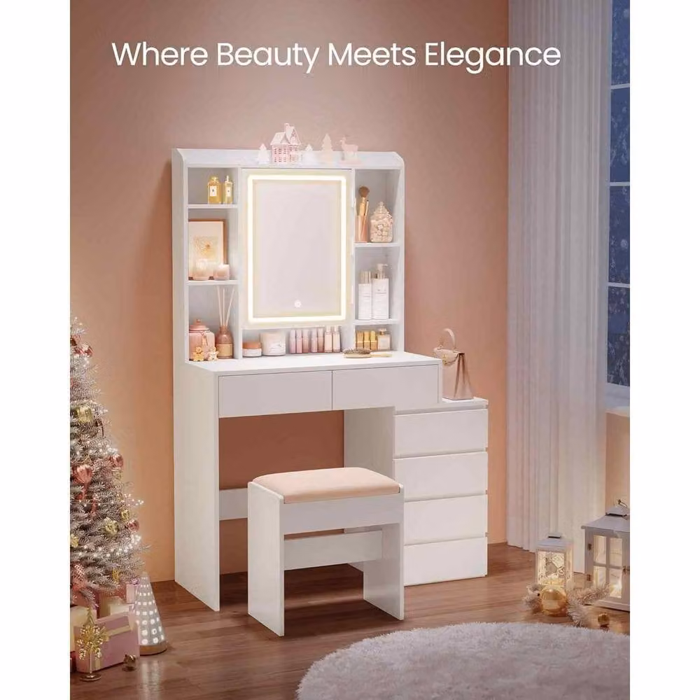 The Bazaarist Modern White Vanity Table with Hollywood LED Mirror and Storage Shelves – 3