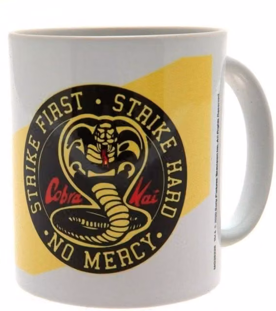 Cobra Kai No Mercy Ceramic Mug in White, Black and Yellow, 350 ml
