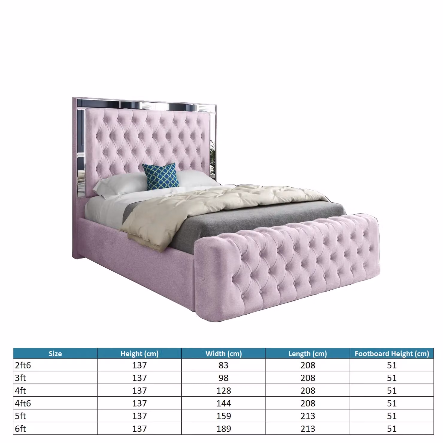 Casani Marino Mirror Upholstered Velvet Bed Frame in Pink and Silver, W/D/H: 120 x 200 x 137 cm – 4