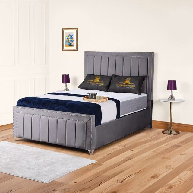 UK Bed Furniture Fiona Grey Velvet Upholstered Slatted Base Bed, W/D/H: 120 x 200 cm