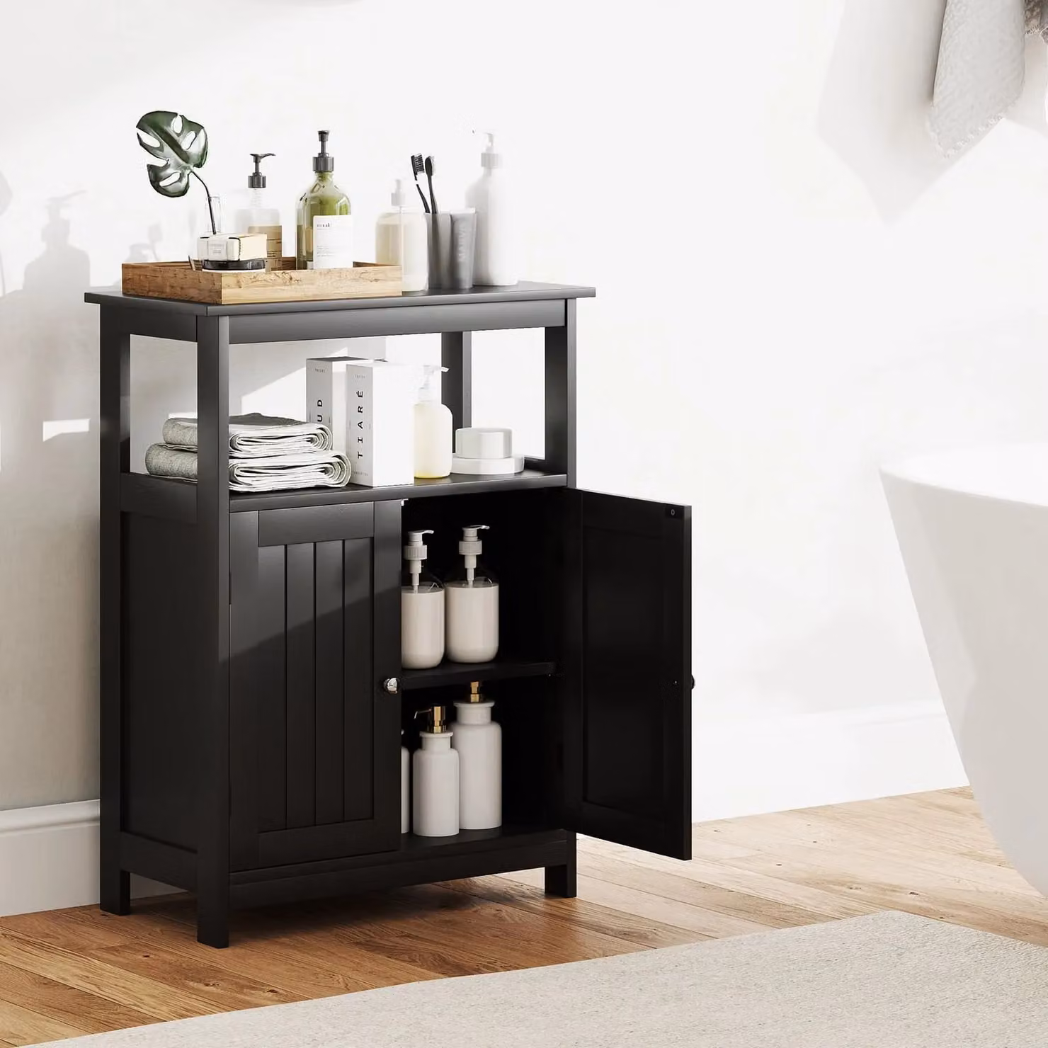 Gymax Modern Black Freestanding Bathroom and Living Room Floor Cabinet with 2 Hinged Doors and Internal Shelves – 8