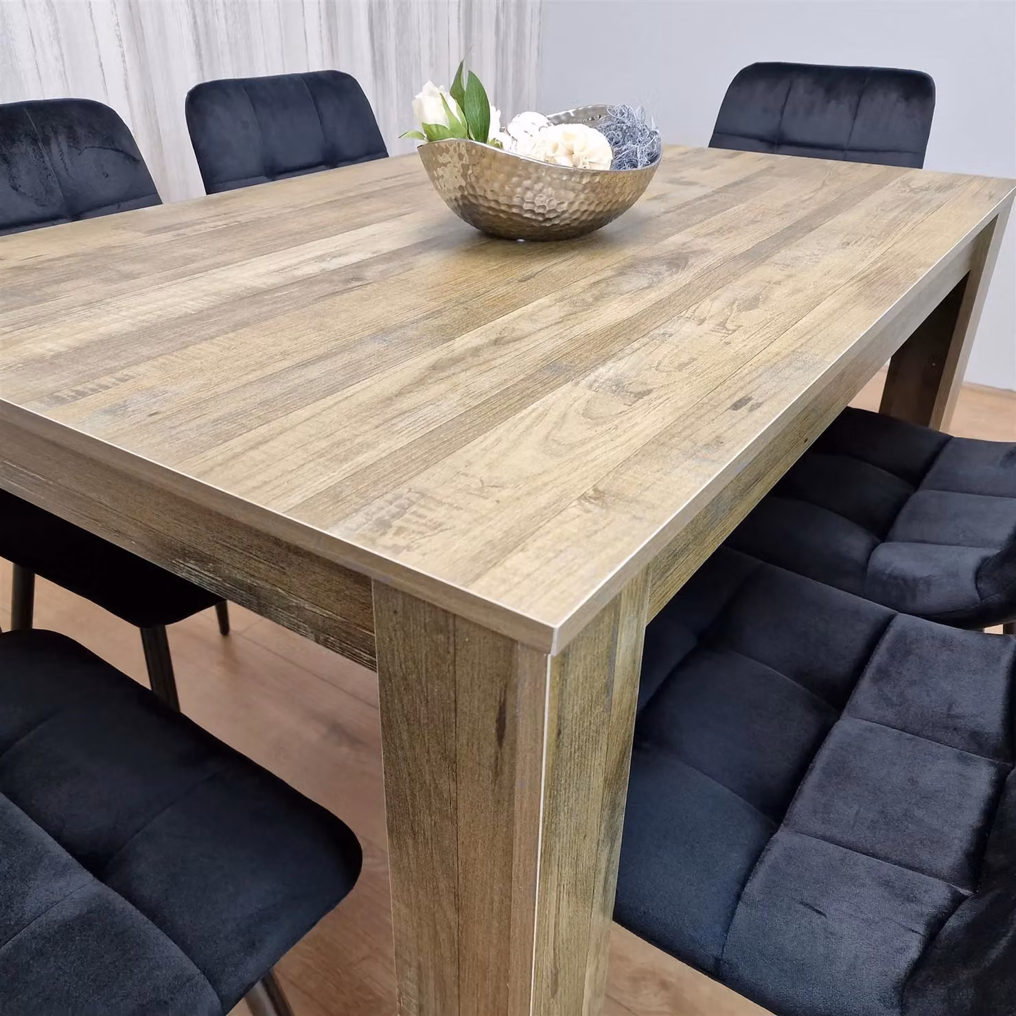 KOSY KOALA Rustic Effect Dining Table Set with 6 Black Velvet Chairs, Brown Rectangular Table, W/D/H: 180 x 80 x 75 cm – 2