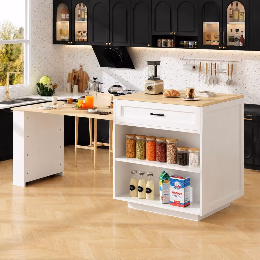 Merax White Extendable Kitchen Island Dining Table with Storage and Castors – 3