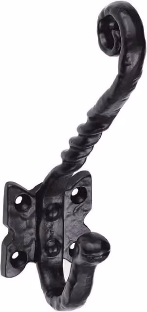 Loops Ornate Twisted Hat and Coat Hook on Butterfly Backplate, Black Antique, Projection: 8.2 cm – 2