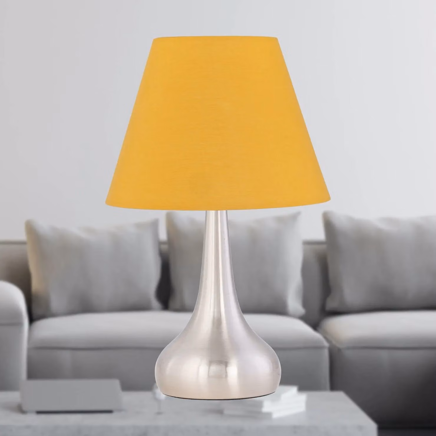 First Choice Lighting Romana Set of 2 Brushed Chrome Touch Table Lamps with Ochre Fabric Shades – 2