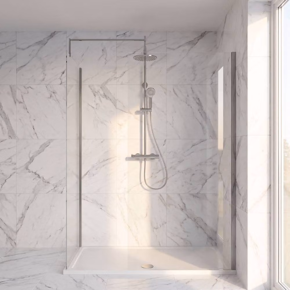 Balterley Walk-In Wetroom Bundle with Rectangular Tray and Fixed Glass Panel, Silver and Gunmetal, W: 1500 mm, D: 700 mm – 1