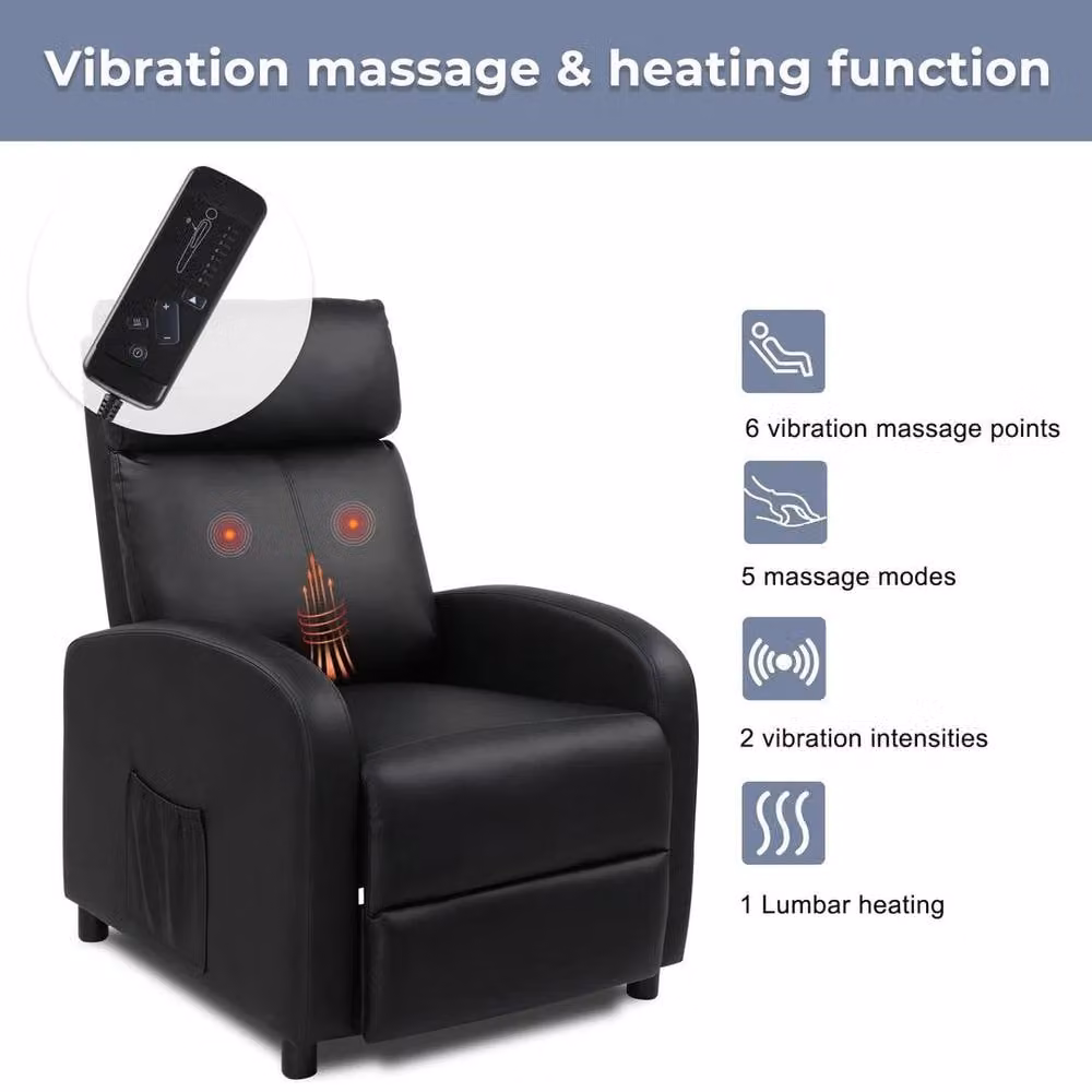 KORVIXA Black PU Leather Recliner Massage Chair Sofa with Armrests – 5
