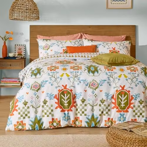 Riva Home Dilara Reversible Geometric Bird Printed Duvet Cover Set, Blue and Multicolour, W/D/H: 200 x 200 cm