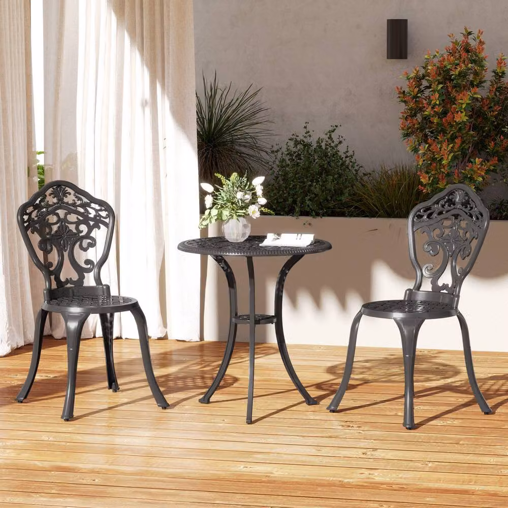 ERGOVEXA Three-Piece Floral Bistro Set in Matt Black Powder Coated Aluminium – 3
