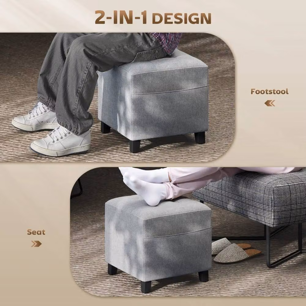 Wyld Haus Light Grey Linen Look Compact Square Footstool with Side Pocket and Black Legs W/D/H: 35 x 35 x 35 cm – 4
