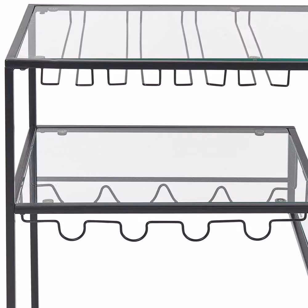 Wyld and Coco Modern Black Kitchen Trolley with Tempered Glass and Metal Bottle Rack, H 103 x W 40 x D 94 cm – 3