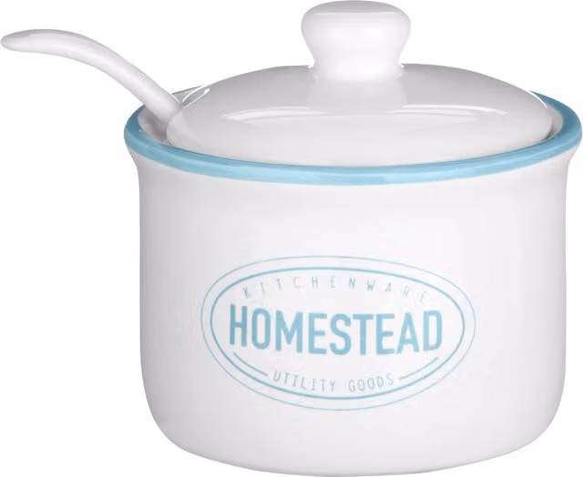 Orsina Homestead Sugar Pot with Lid and Spoon in White and Blue – 1