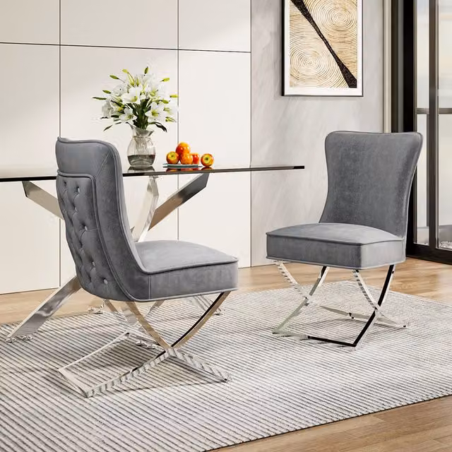 Livingandhome Pair of Grey Velvet Fabric Upholstered Dining Chairs with Metal Cantilever Base