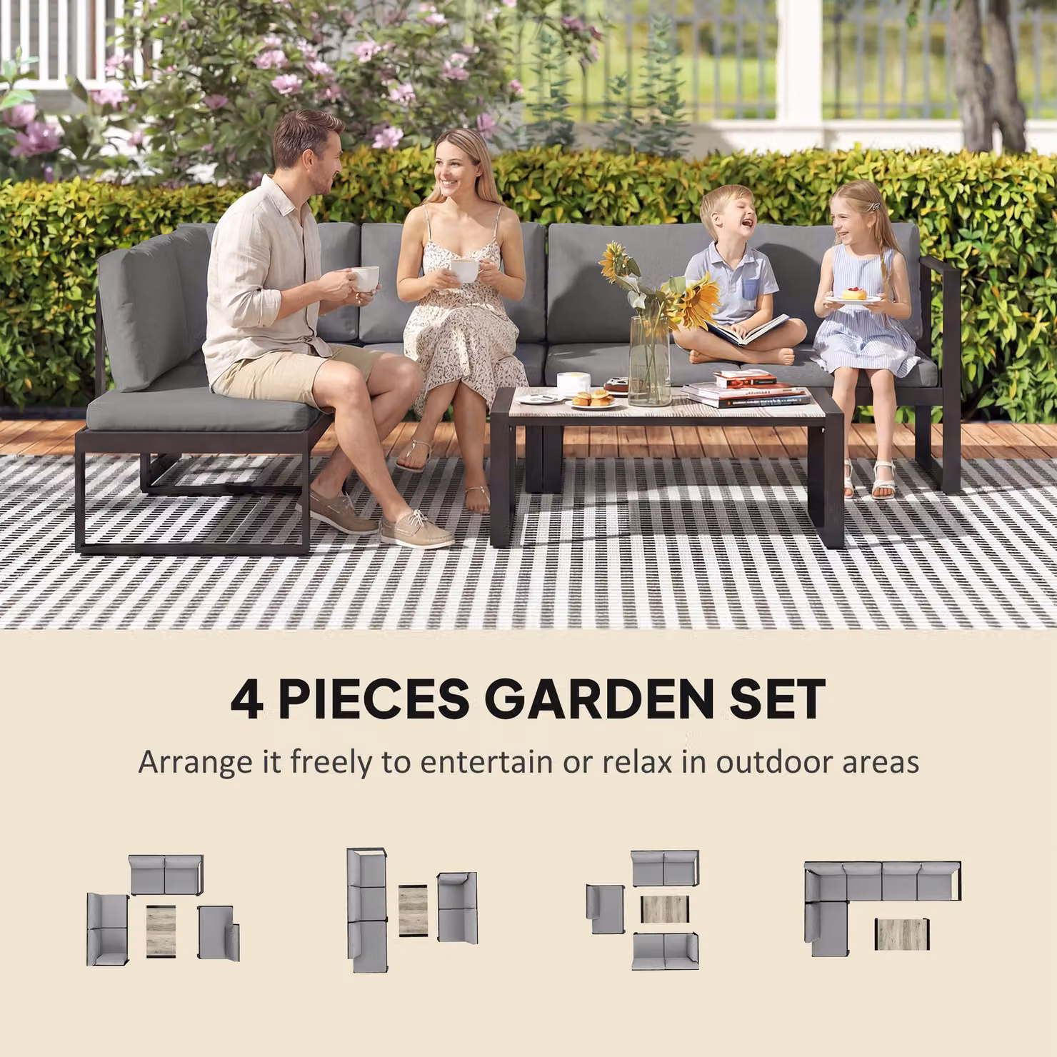 Outsunny 4 Piece Modern Garden Furniture Set in Grey with Upholstered Cushions and Powder Coated Steel Frame – 4